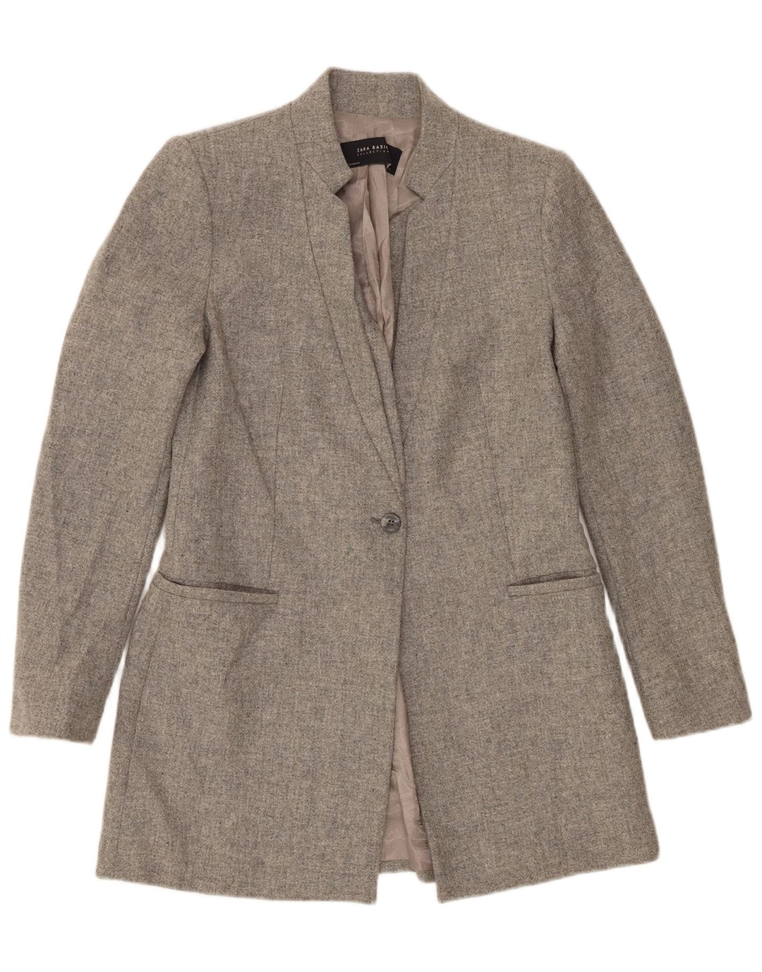 Jaqueta blazer feminina Zara Longline 1 botão Reino Unido 12 lã de cordeiro cinza médio