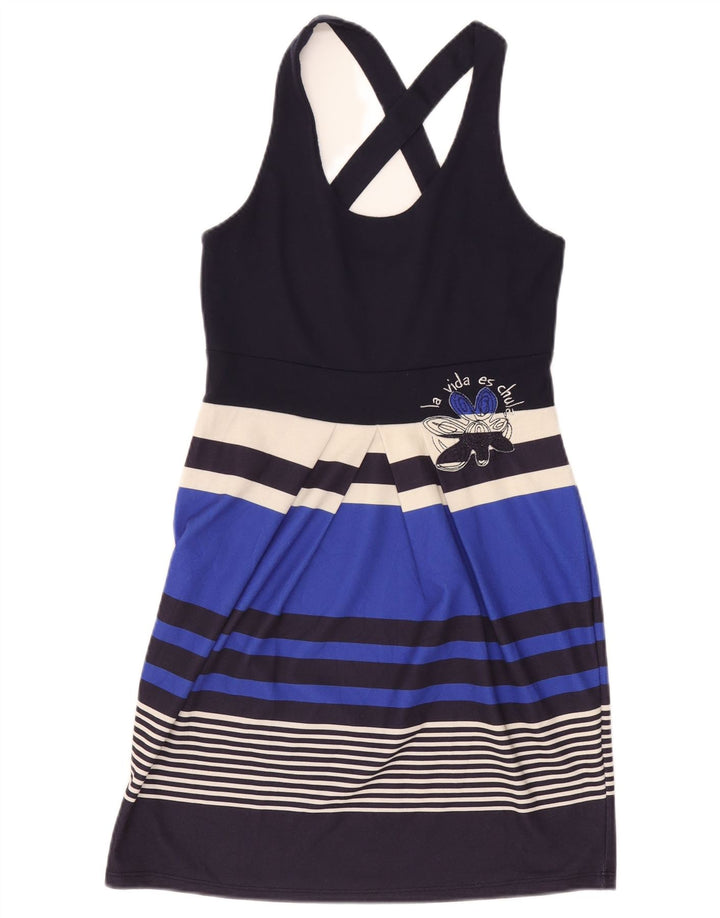 Vestido de verão feminino Desigual gráfico UK 12 poliéster listrado azul marinho médio
