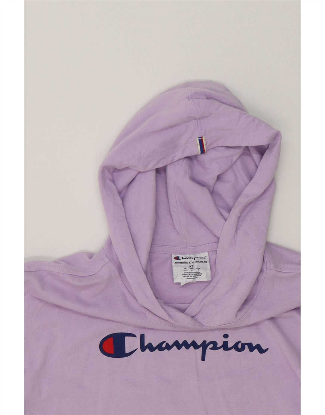 CHAMPION Womens Oversized Graphic Hoodie Jumper UK 6 XS Blue Cotton Vintage Champion and Second-Hand Champion from Messina Hembry 