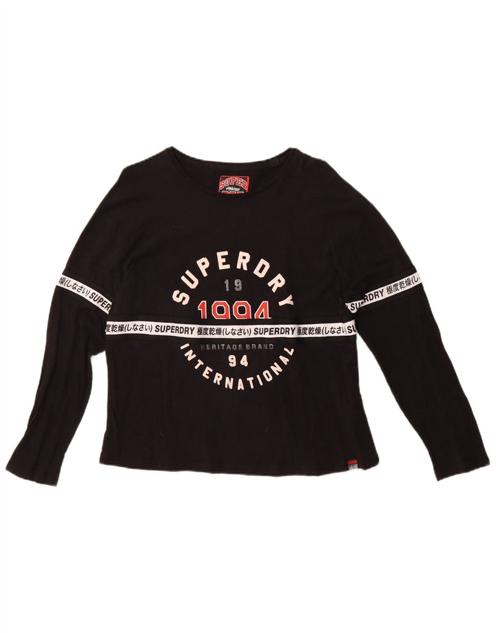 Top gráfico feminino Superdry manga comprida UK 10 pequeno algodão preto