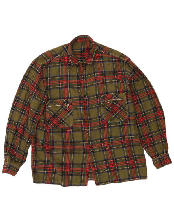 Camisa masculina vintage de flanela média xadrez cáqui