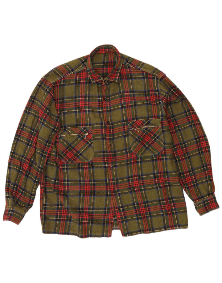 Camisa masculina vintage de flanela média xadrez cáqui