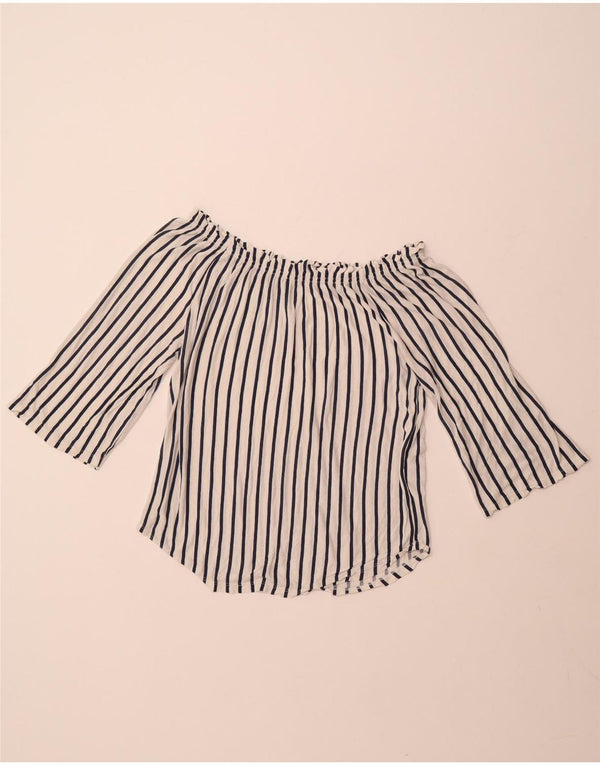 Top feminino BENETTON manga 3/4 sem ombro Reino Unido 14 listrado branco médio