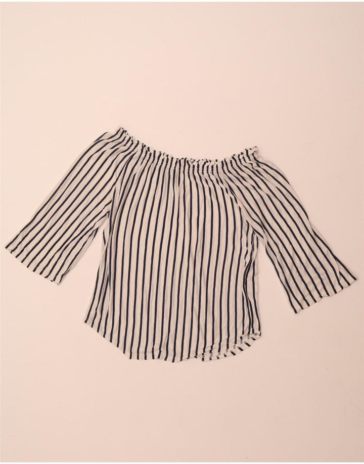 Top feminino BENETTON manga 3/4 sem ombro Reino Unido 14 listrado branco médio