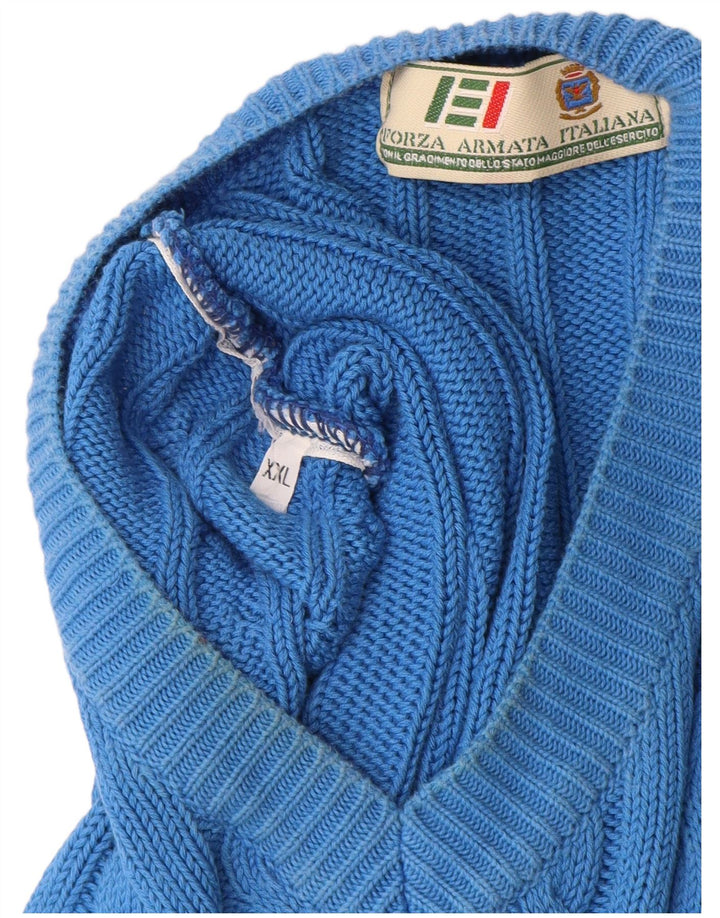 Suéter masculino vintage com decote em V 2XL algodão azul