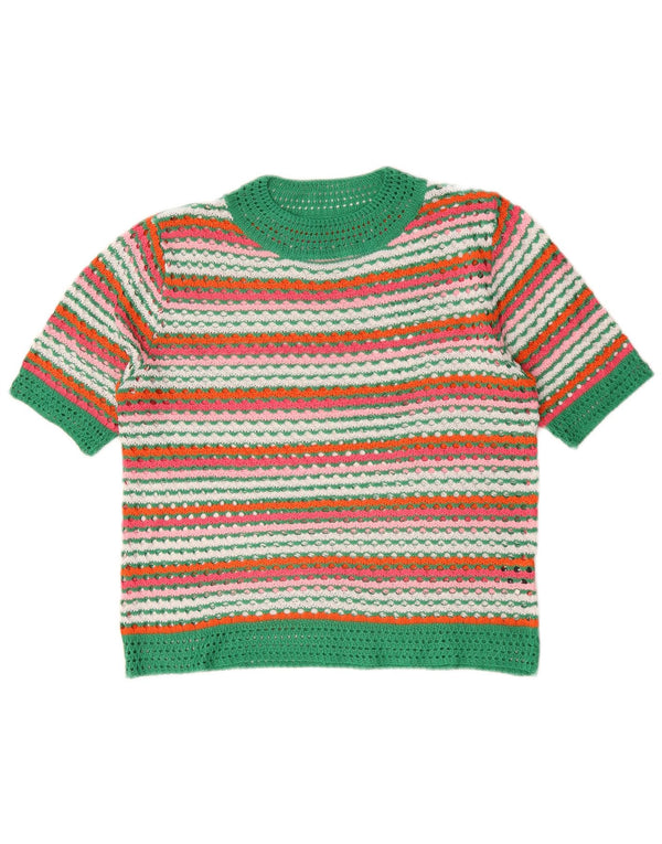 Suéter feminino vintage com gola redonda UK 16 grande listrado multicolorido