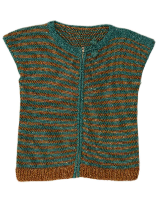 Suéter cardigã feminino vintage de manga curta UK 12 listrado verde médio