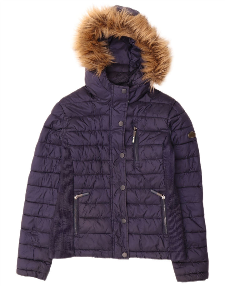 Jaqueta acolchoada com capuz feminina SUPERDRY UK 14 poliéster azul marinho médio