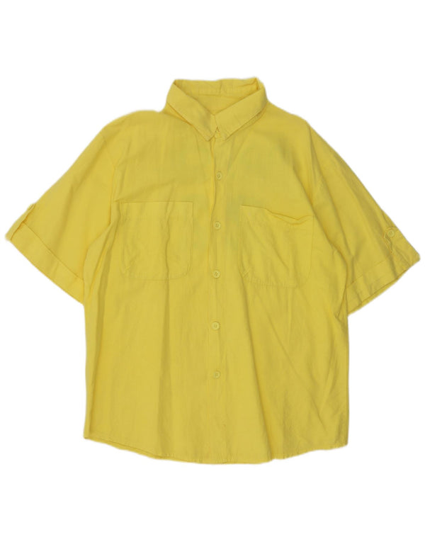 Camisa masculina vintage de manga curta em linho amarelo médio