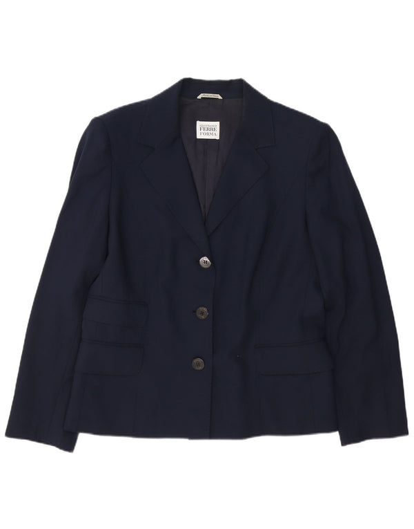 Jaqueta blazer feminina de 3 botões Gianfranco Ferre Reino Unido 14 grande azul marinho