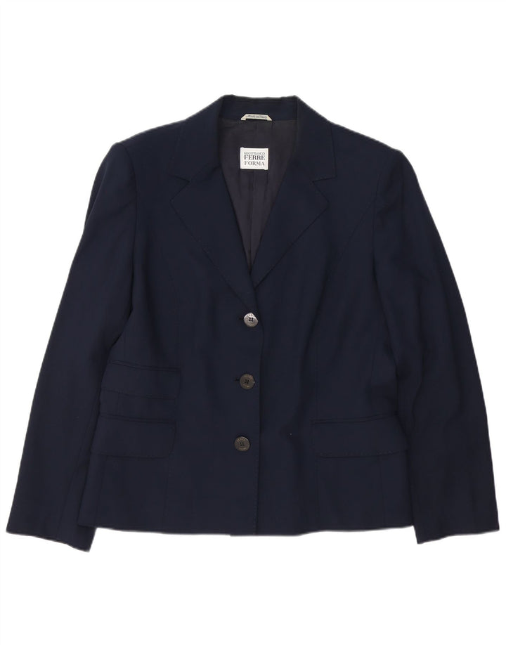 Jaqueta blazer feminina de 3 botões Gianfranco Ferre Reino Unido 14 grande azul marinho