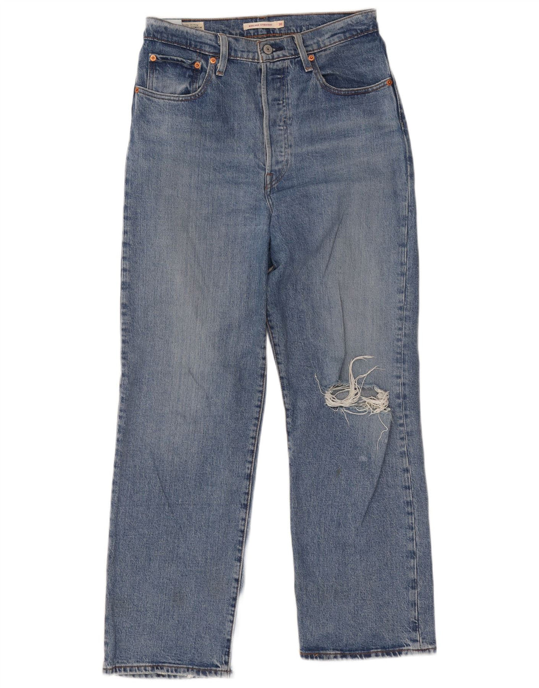 Calça jeans reta feminina Levi's Ribcage desgastada W30 L29 algodão azul