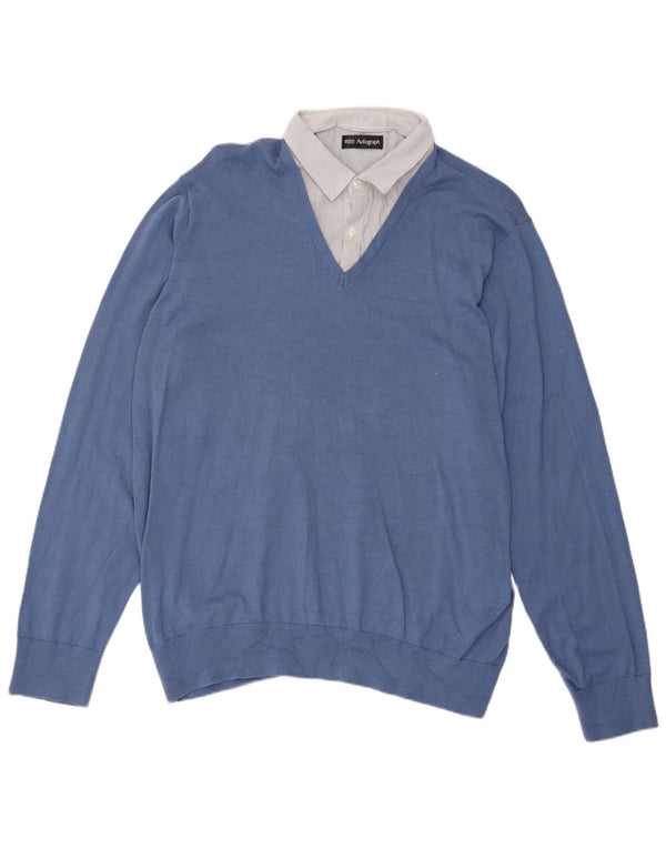 Suéter masculino Marks & Spencer com decote em V XL azul algodão