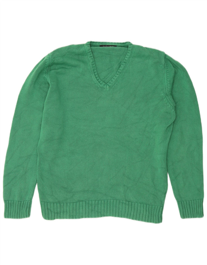 Suéter masculino Zara com decote em V grande algodão verde