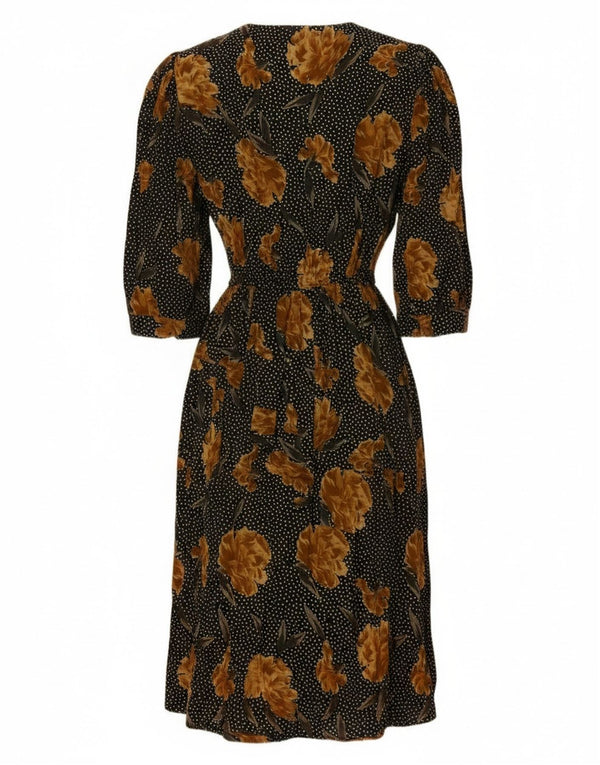 Vestido maxi feminino vintage manga 3/4 Reino Unido 16 grande acetato floral preto