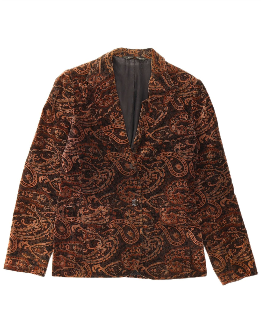 Laura Ashley jaqueta blazer feminina de veludo com 2 botões Reino Unido 8 pequena marrom paisley