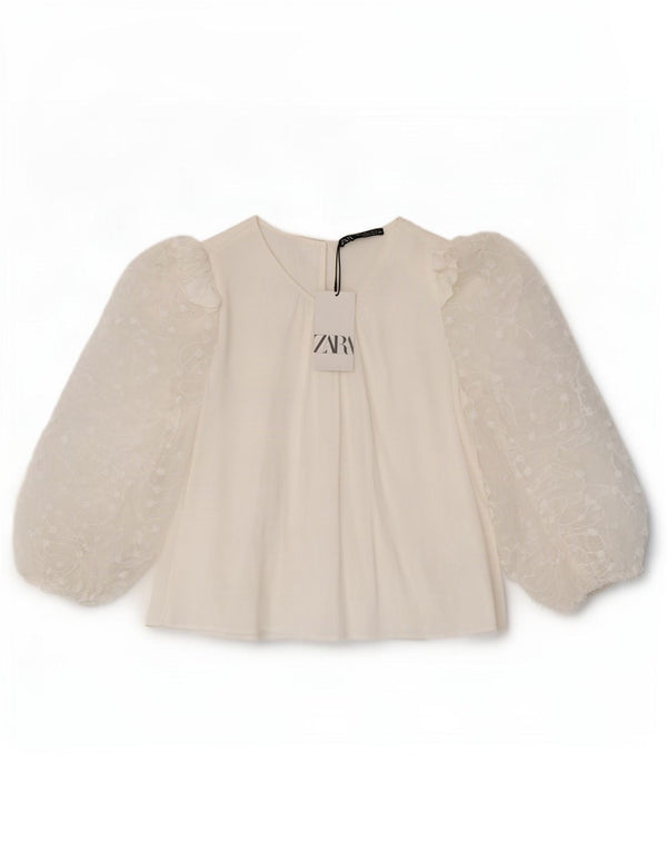 Zara blusa feminina manga 3/4 top UK 14 grande viscose branca