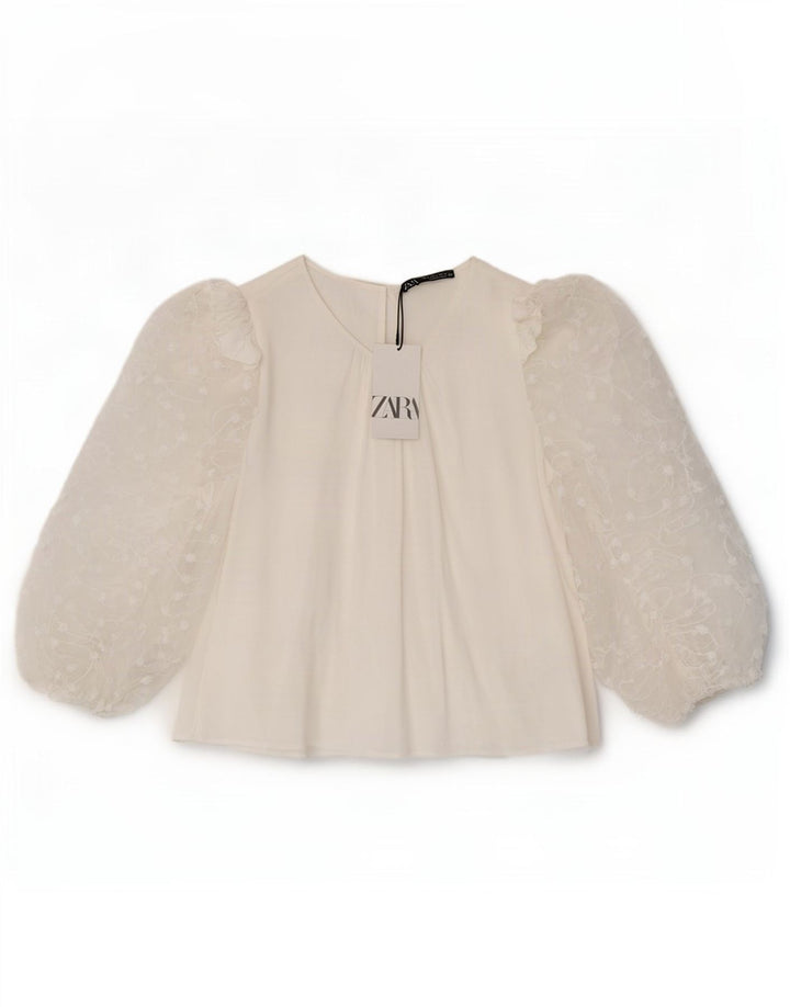 Zara blusa feminina manga 3/4 top UK 14 grande viscose branca