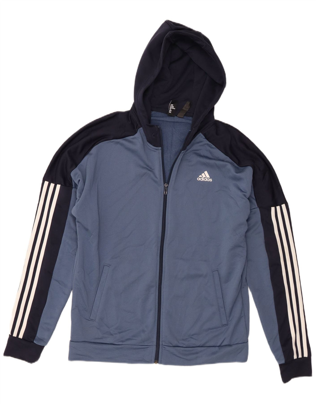 Suéter masculino Adidas com capuz e zíper grande azul colorido bloco de poliéster