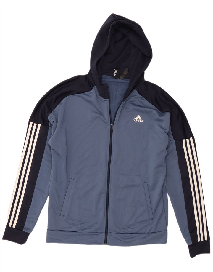 Suéter masculino Adidas com capuz e zíper grande azul colorido bloco de poliéster