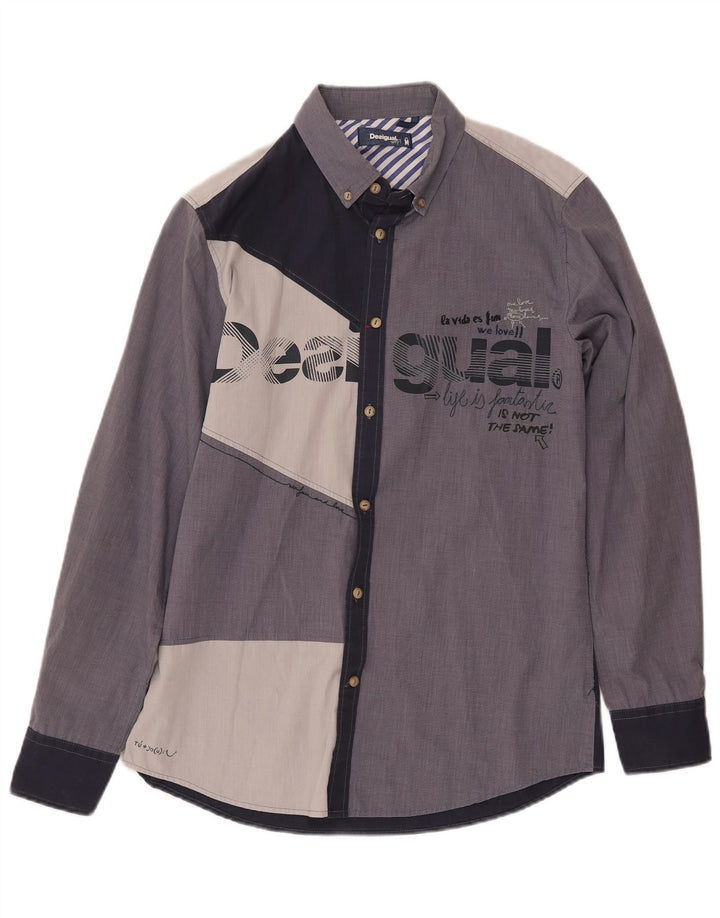 DESIGUAL Camisa gráfica masculina média azul marinho algodão colorblock