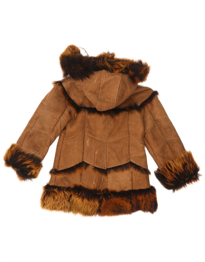Jaqueta vintage feminina com capuz shearling 7-8 anos marrom