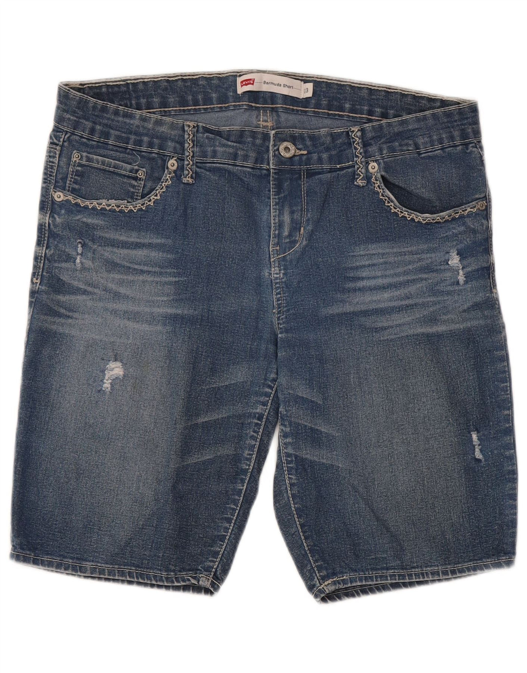 Bermuda feminina jeans desgastada LEVI'S EUA 13 grande W32 algodão azul