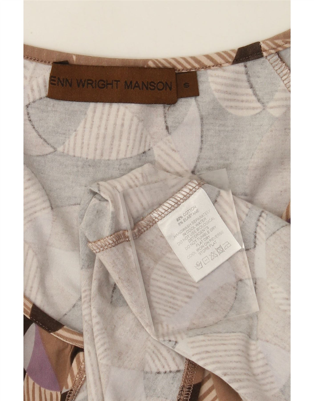 Vestido feminino Fenn Wright Manson evasê Reino Unido 8 pequeno algodão geométrico bege
