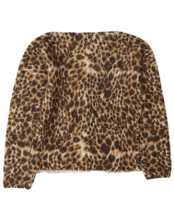 Suéter cardigã feminino vintage Reino Unido 10 estampa animal marrom pequena