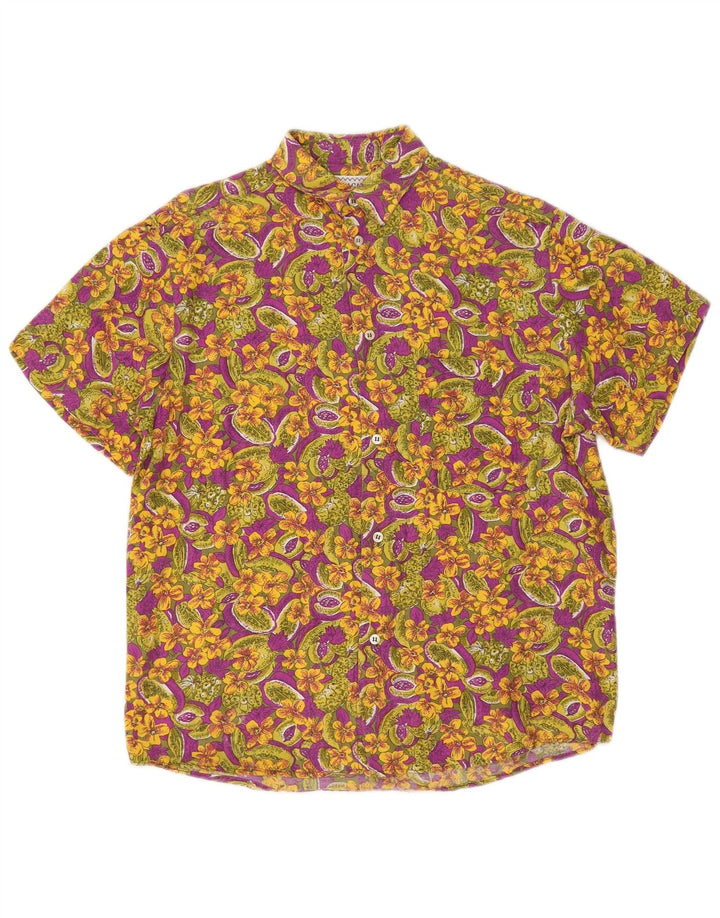 Camisa masculina vintage de manga curta média viscose floral multicolorida