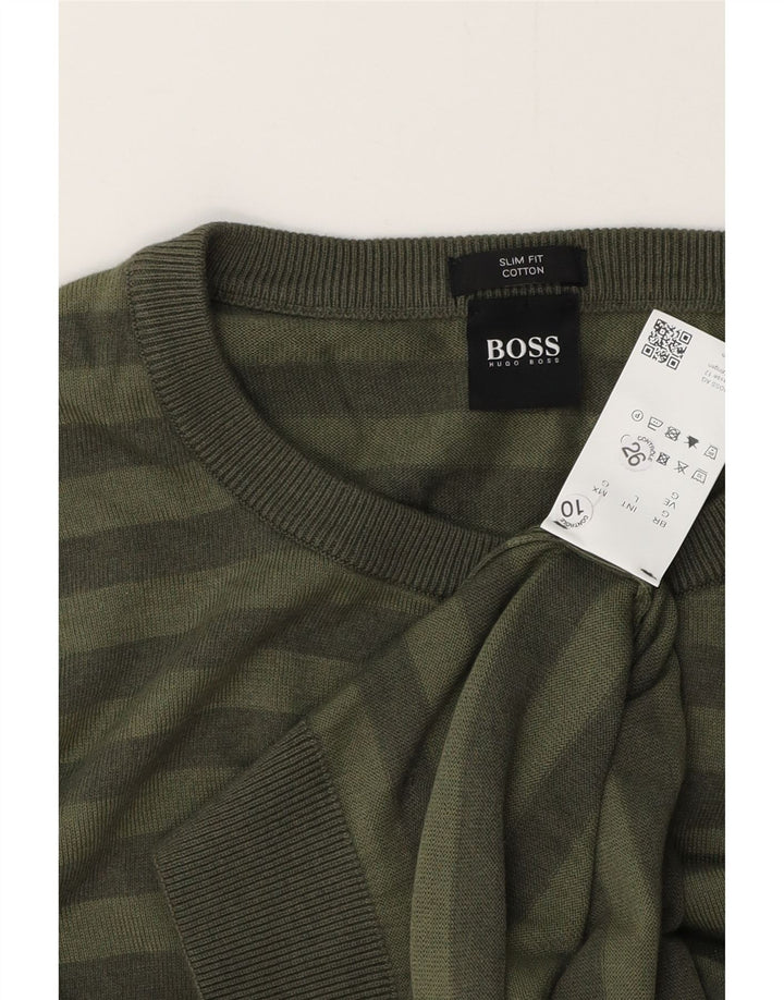HUGO BOSS Suéter masculino slim fit com gola redonda, grande listrado verde