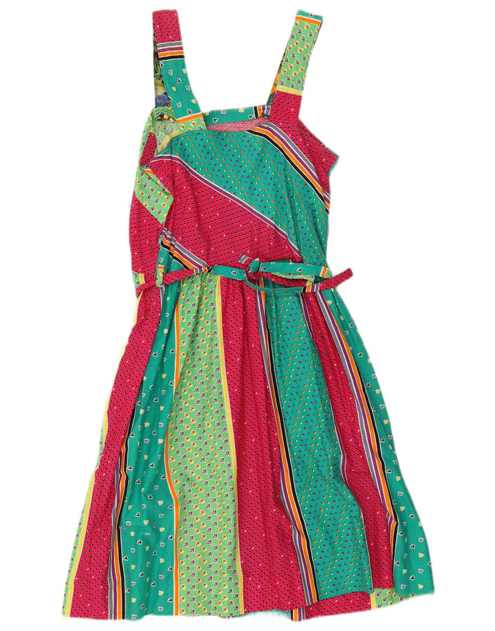 Vestido feminino vintage sem mangas evasê UK 10 pequenos retalhos multicoloridos