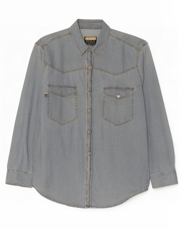 Camisa jeans masculina vintage grande azul
