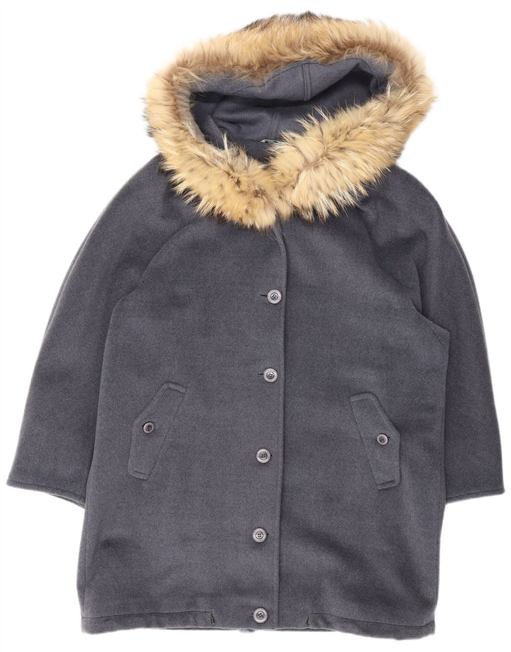 Jaqueta parka feminina com capuz grande Max Mara Reino Unido 12 lã virgem cinza médio