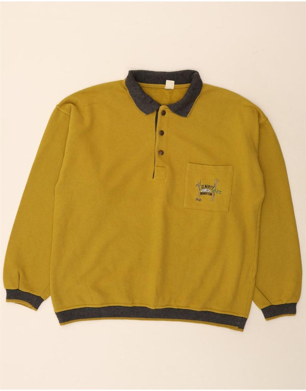 VINTAGE Mens Polo Neck Sweatshirt Jumper XL Yellow Colourblock Cotton