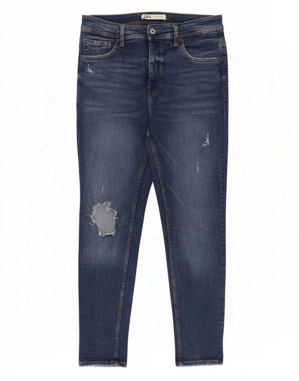 Zara Jeans skinny masculino desgastado UE 42 grande W32 L26 algodão azul