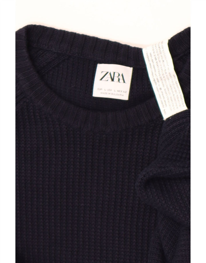 Zara Suéter masculino com gola redonda grande algodão azul marinho