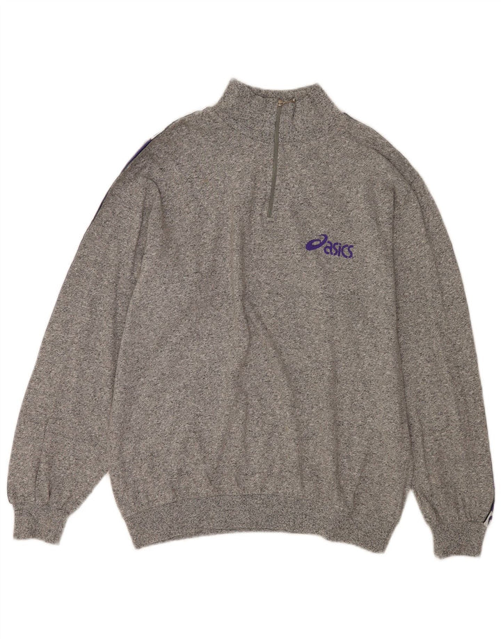 Suéter masculino Asics Graphic Zip Neck moletom grande cinza manchado de algodão