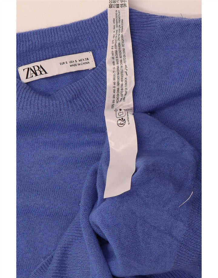 Suéter feminino Zara com gola redonda grande e gola redonda, 10 lã azul pequena