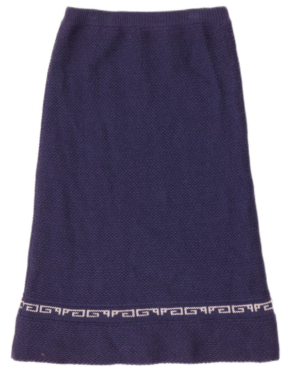 Saia midi vintage feminina em malha W26 pequena azul marinho geométrica