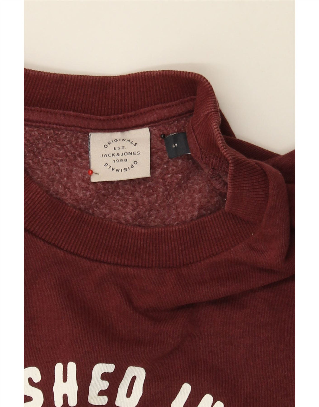 JACK & JONES Mens Graphic Sweatshirt Jumper Small Burgundy Cotton Vintage Jack & Jones and Second-Hand Jack & Jones from Messina Hembry 