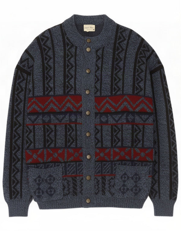 Suéter cardigã masculino vintage 2XL lã geométrica azul