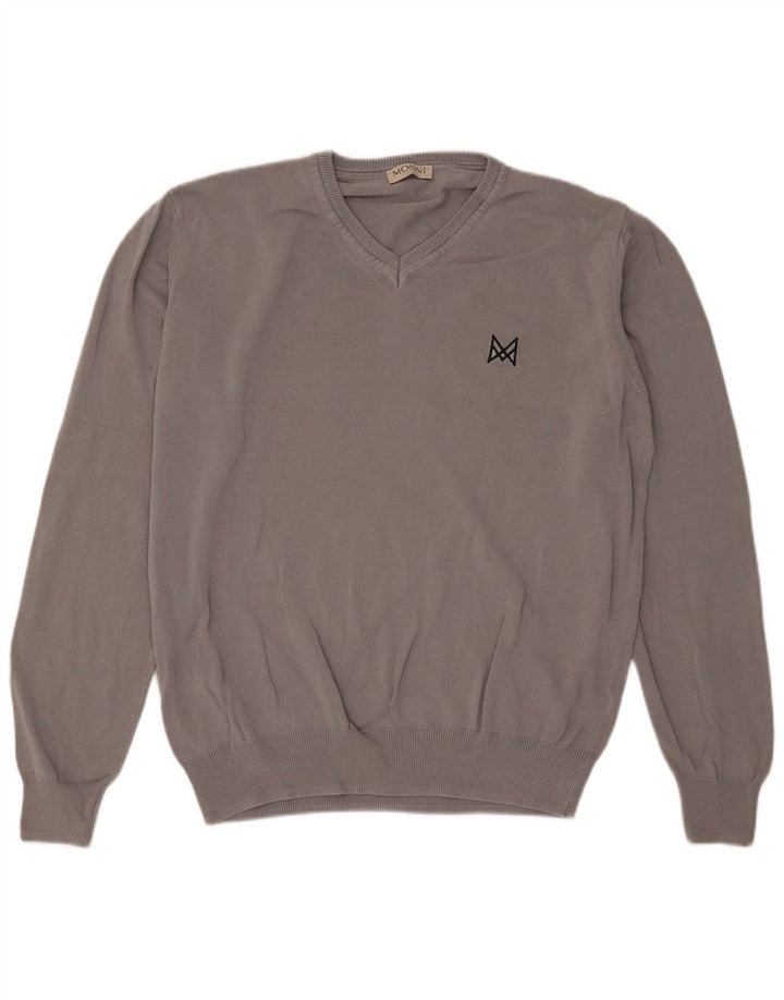 Suéter masculino vintage com decote em V grande algodão cinza