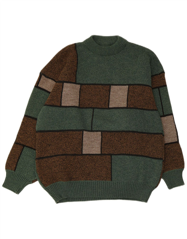 Suéter vintage masculino com gola tartaruga e bloco colorido verde médio