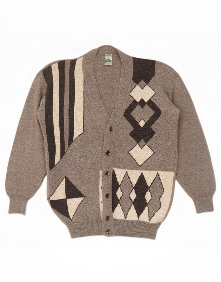 Suéter cardigã masculino Shetland de lã geométrica cinza médio