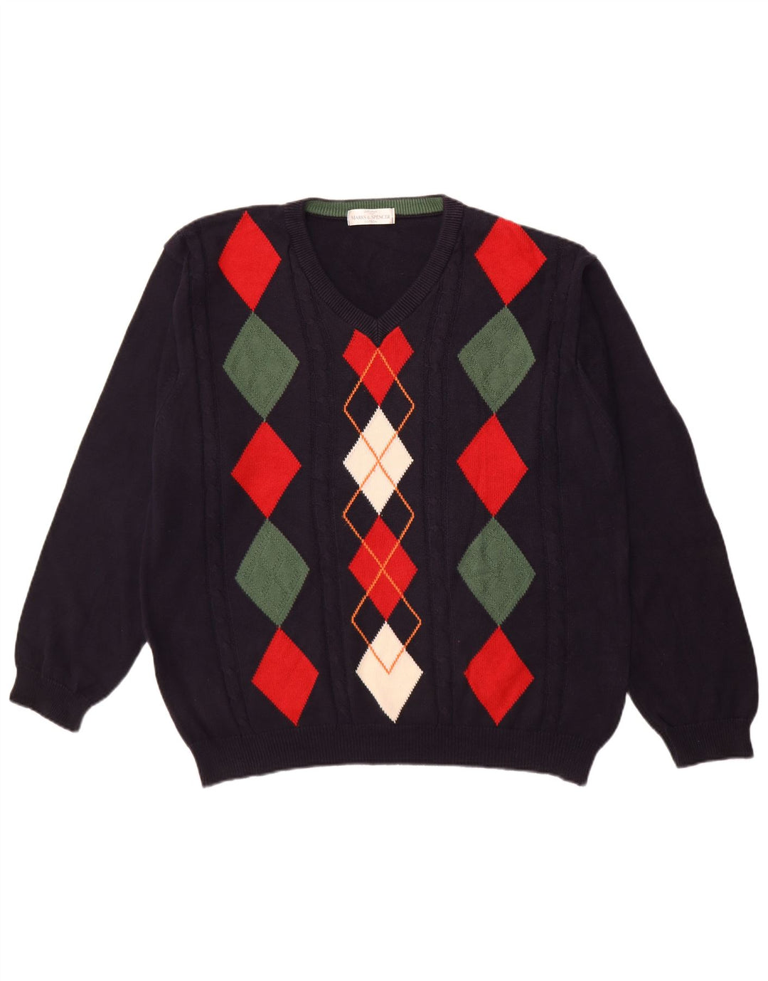 Suéter masculino MARKS & SPENCER com decote em V grande azul marinho Argyle/Diamante