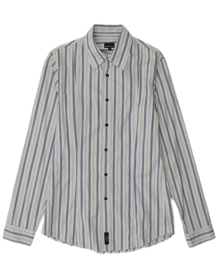 Camisa masculina Calvin Klein Jeans pequena listrada azul de algodão