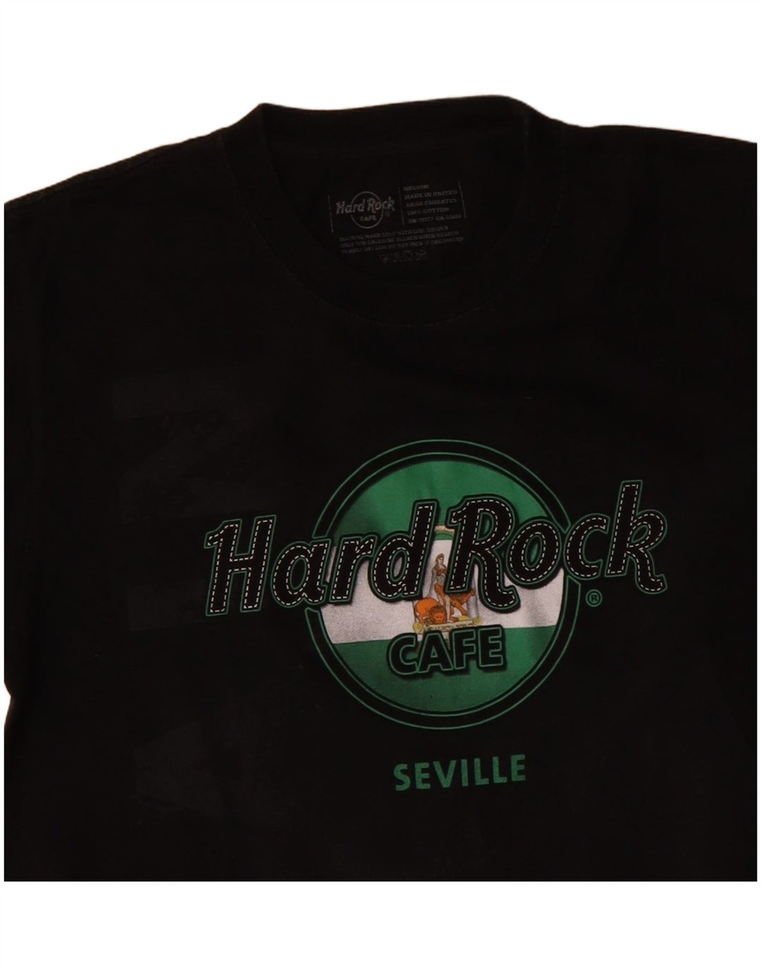 Camiseta masculina Hard Rock Cafe Seville com estampa gráfica de algodão preto médio