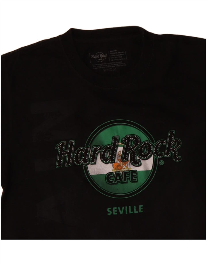 Camiseta masculina Hard Rock Cafe Seville com estampa gráfica de algodão preto médio
