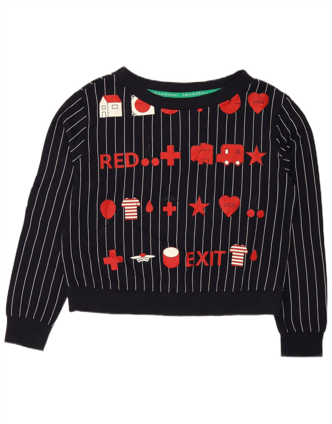 Benetton moletom gráfico feminino jumper UK 14 médio azul marinho listrado